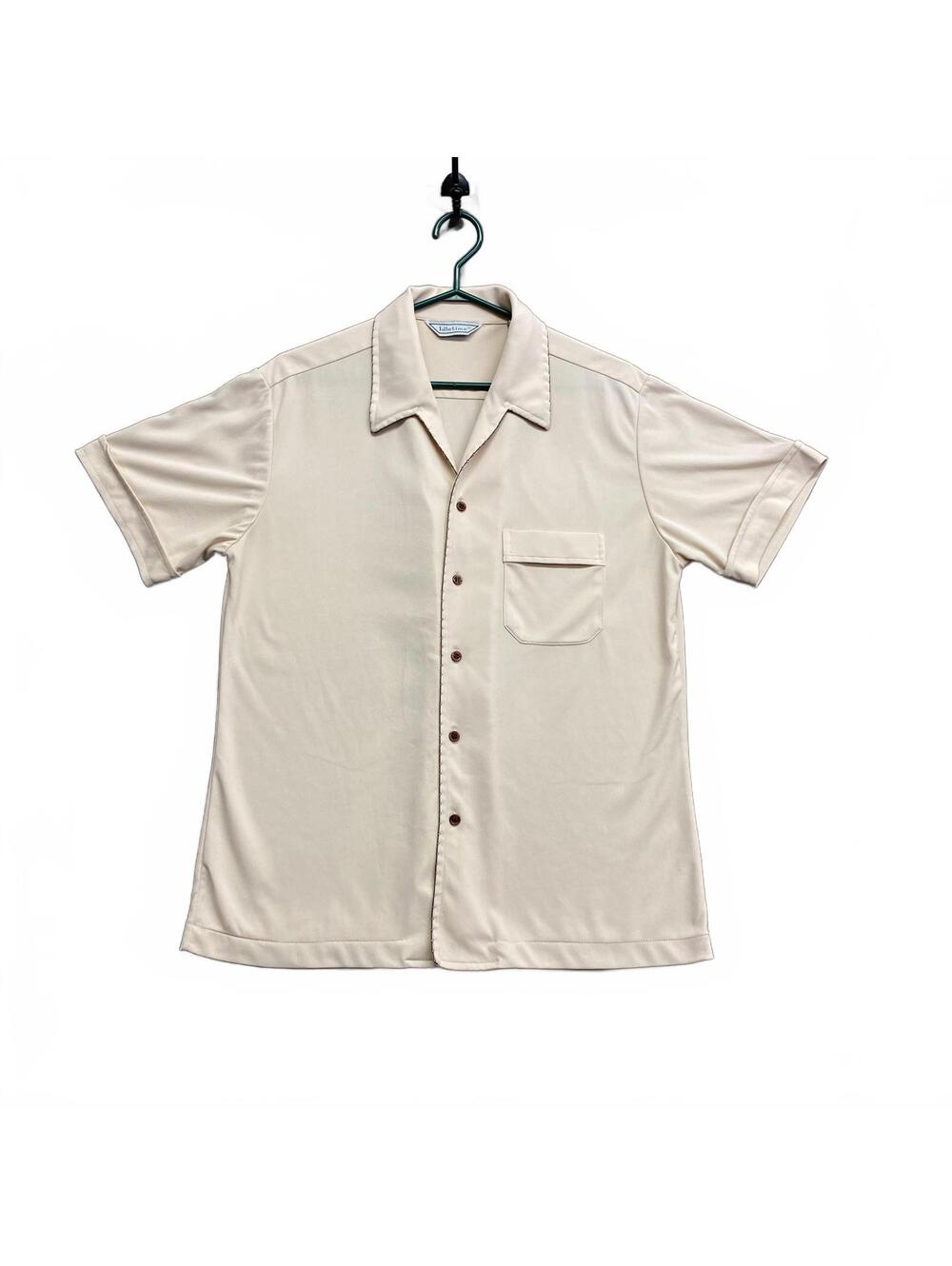 Vtg 60s Idletime Atomic Rayon Beige ButtonUp Shirt Pick Stitching Single Stitch